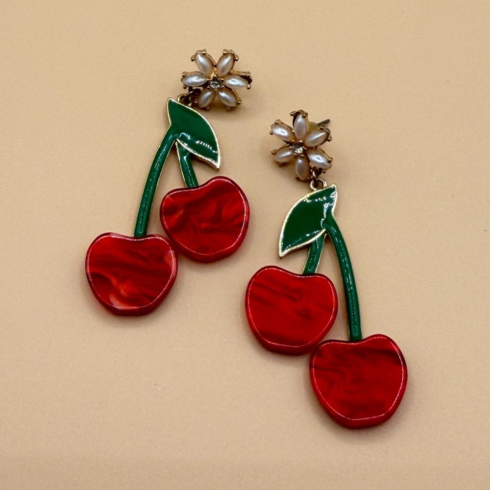 Red Cherry Dangle Earrings Pearl Flower Green Enamel Coquette Statement Gift - Picture 5 of 15